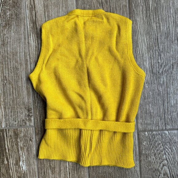 Vtg Sears Cardigan Sweater Girls 6x Yellow Sleeveless 70s Belted Mustard Button - Picture 4 of 5